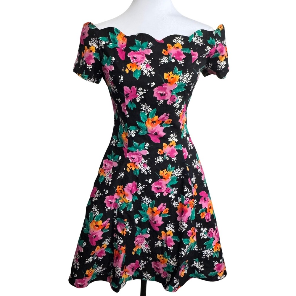 Byer Too! Vintage 90s Floral Fit and Flare Dress Scalloped Neckline Black Size 9